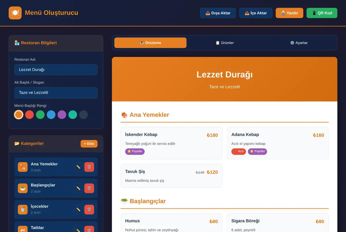 Restoran & Kafe Menü Oluşturucu ekran görüntüsü 2