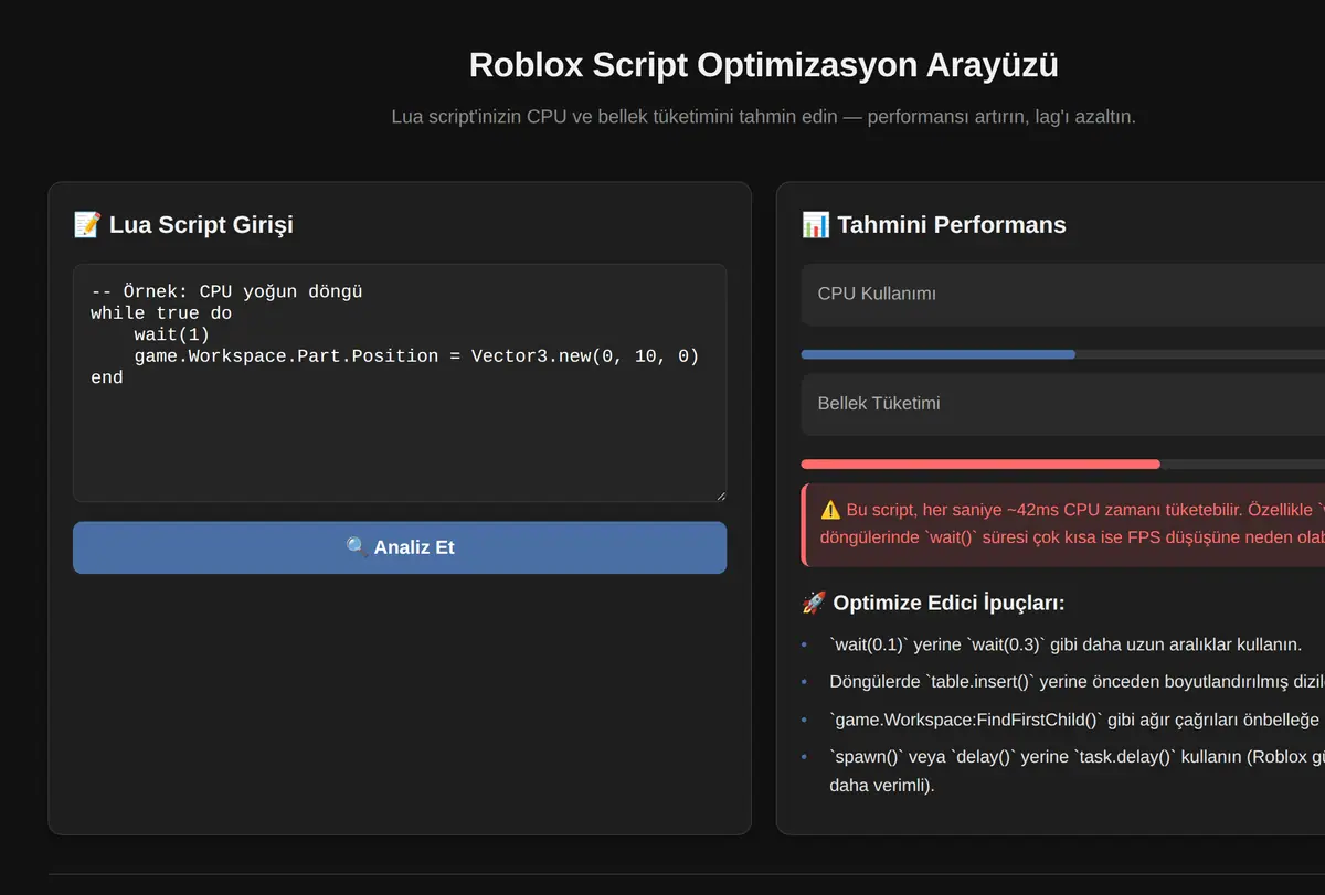 Roblox Script Optimizasyon Arayüzü ekran görüntüsü