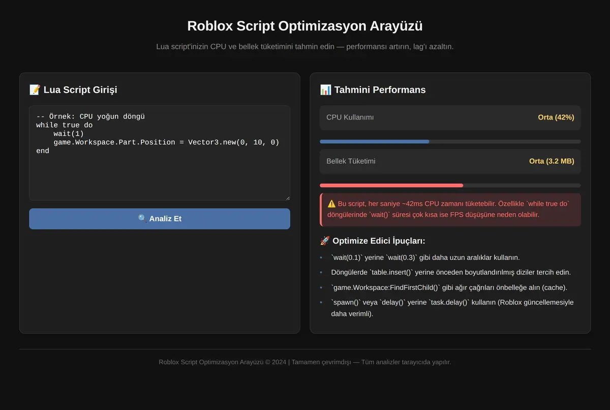Roblox Script Optimizasyon Arayüzü ekran görüntüsü 2