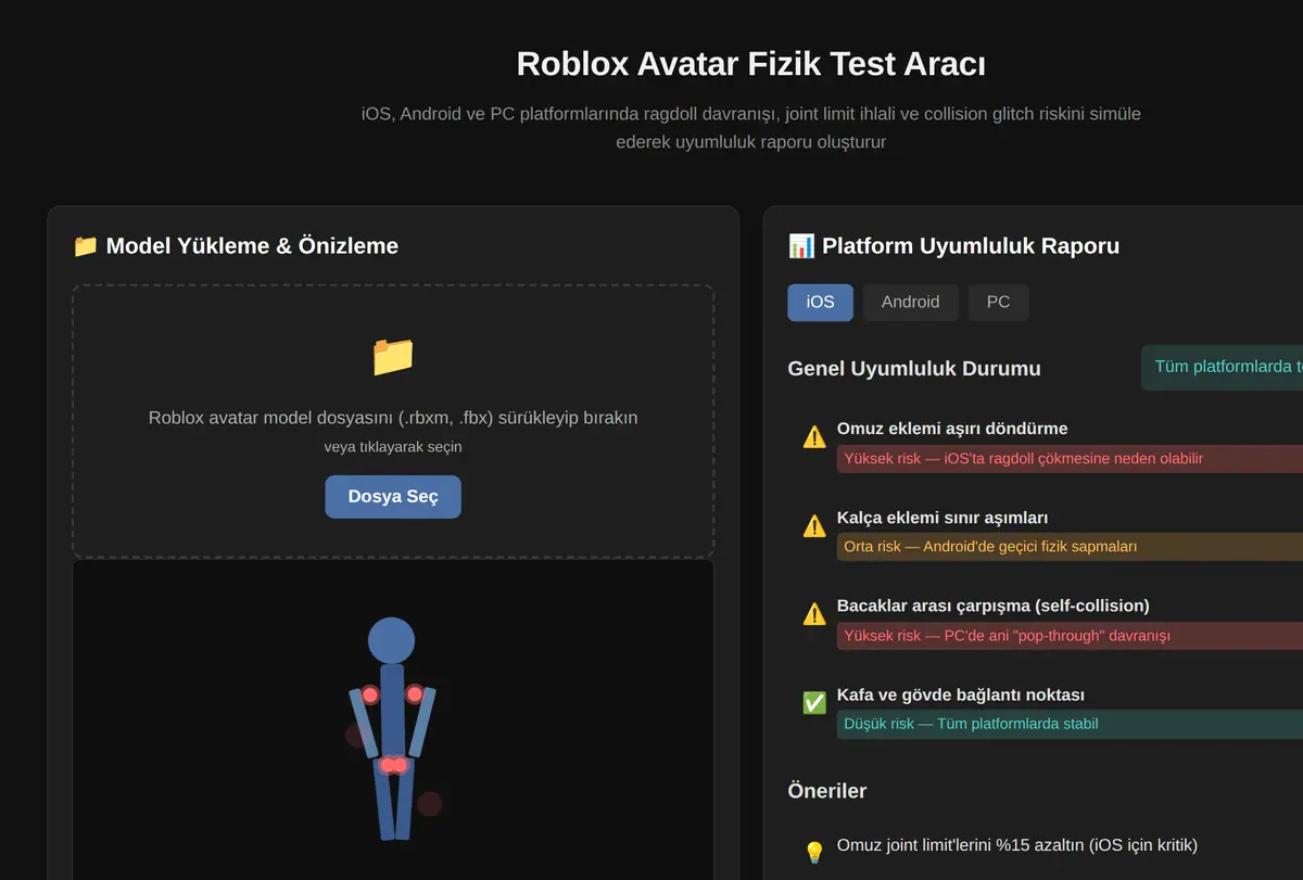 Roblox Avatar Fizik Test Aracı ekran görüntüsü