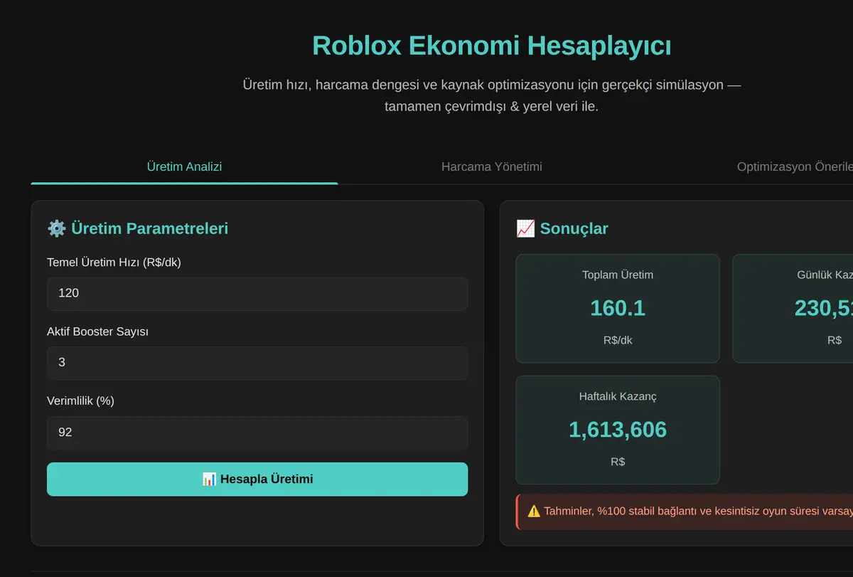 Roblox Ekonomi Hesaplayıcı ekran görüntüsü