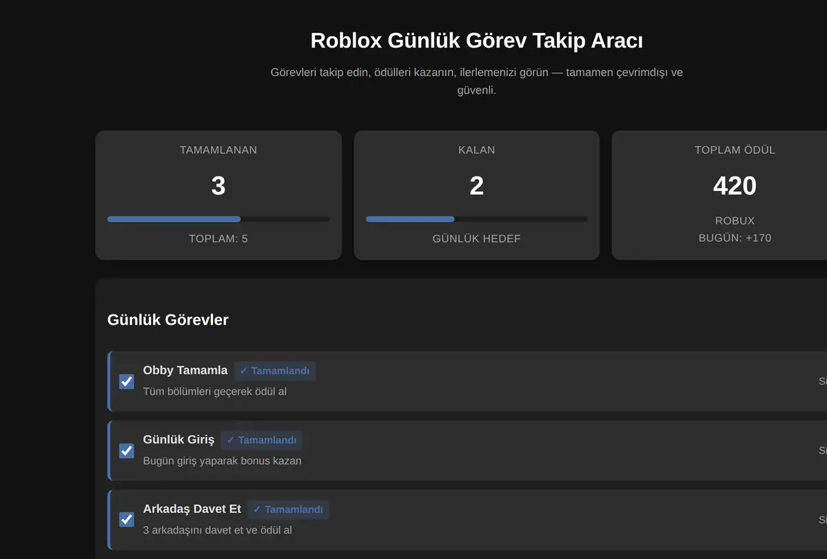 Roblox Günlük Görev Takip Aracı ekran görüntüsü