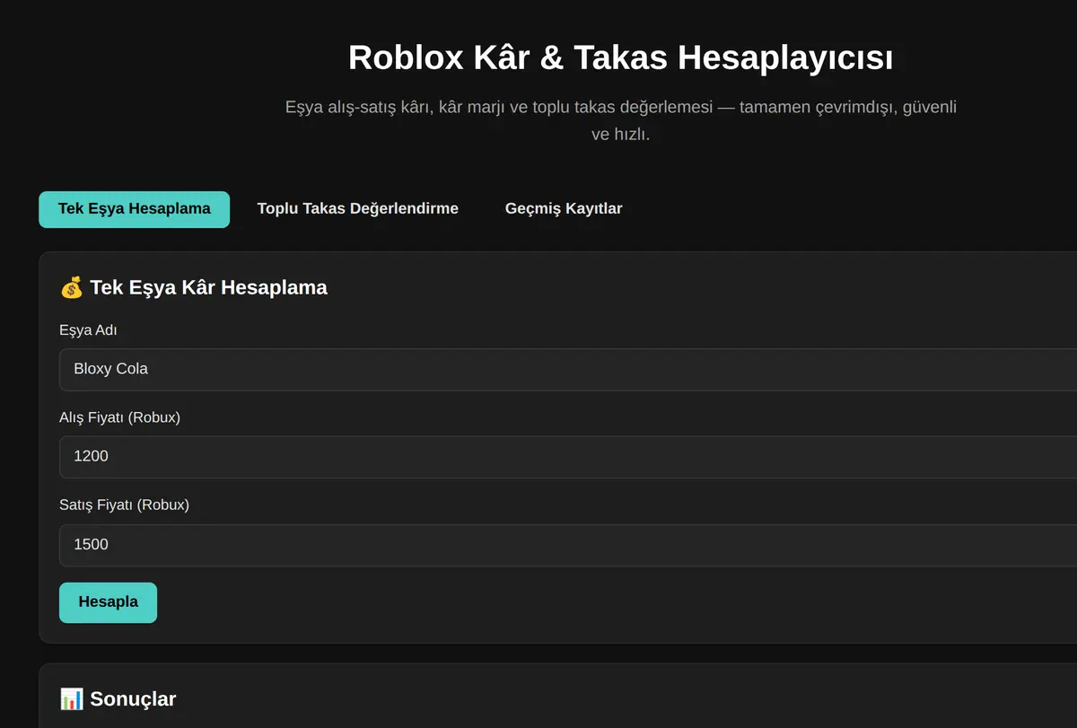 Roblox Kâr & Takas Hesaplayıcısı ekran görüntüsü