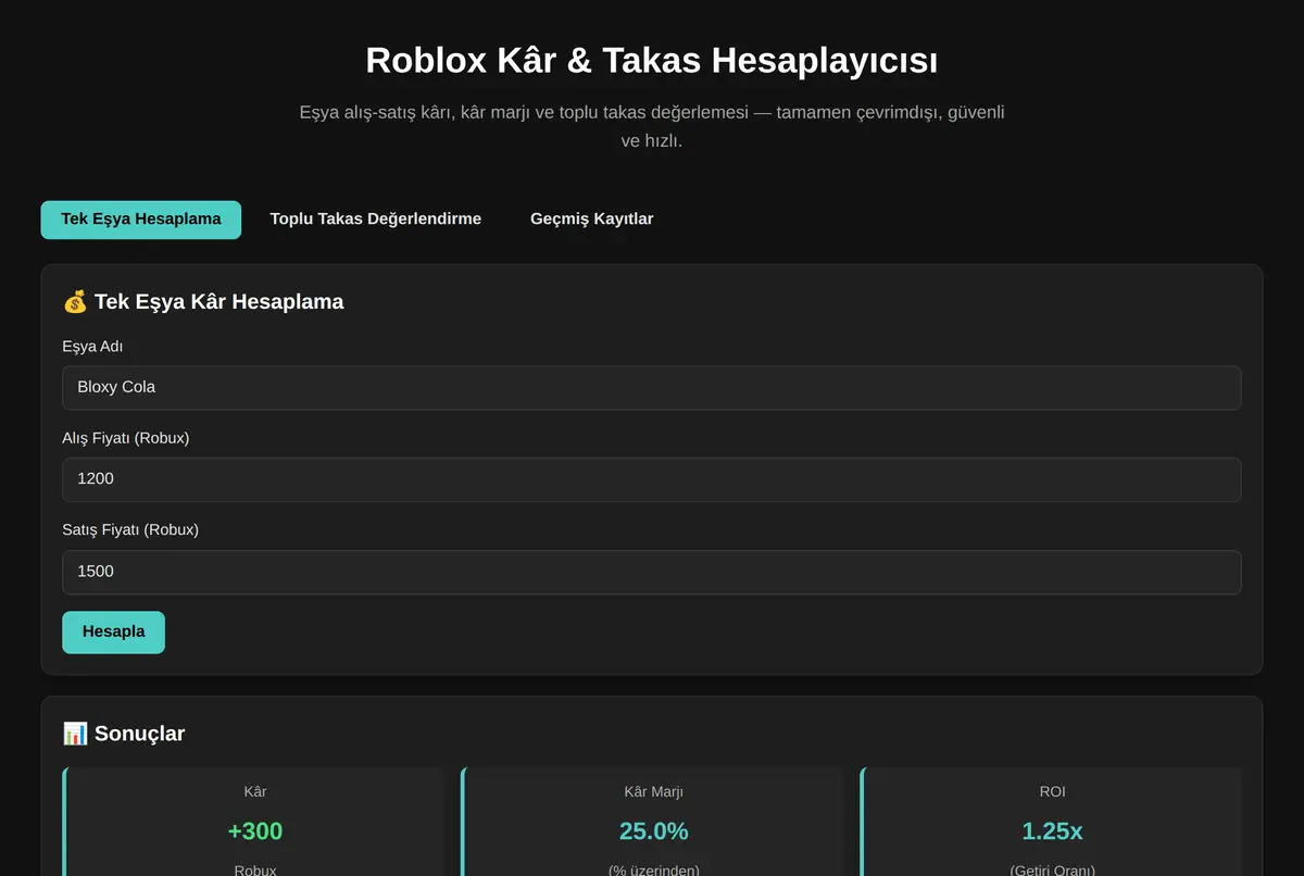 Roblox Kâr & Takas Hesaplayıcısı ekran görüntüsü 2