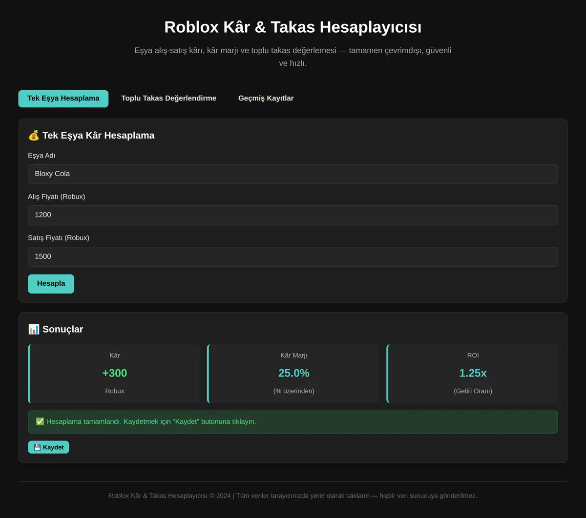 Roblox Kâr & Takas Hesaplayıcısı ekran görüntüsü 3