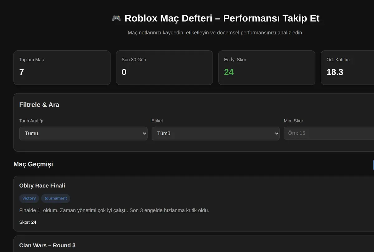 Roblox Maç Defteri - Performansı Takip Et ekran görüntüsü
