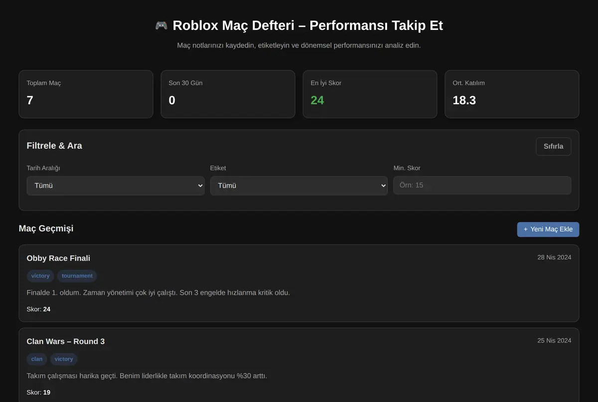 Roblox Maç Defteri - Performansı Takip Et ekran görüntüsü 2