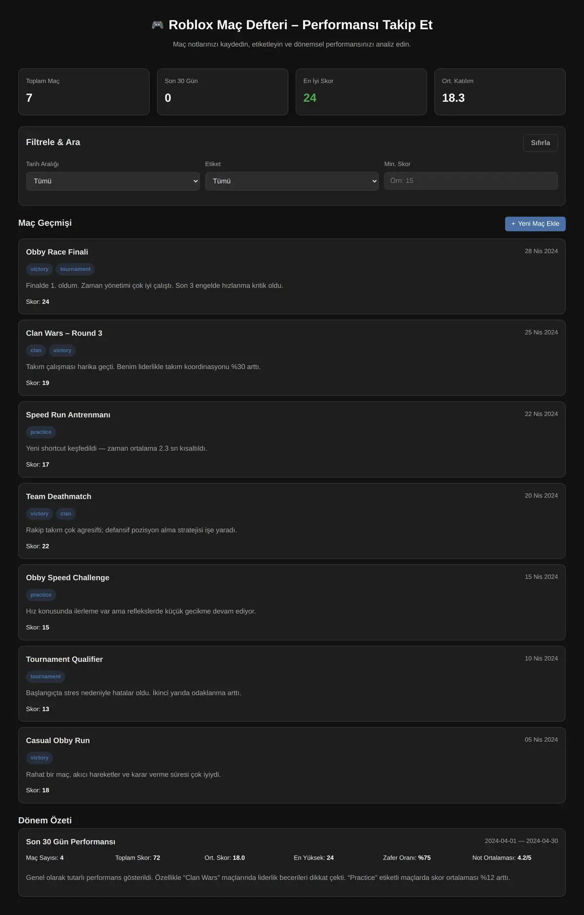 Roblox Maç Defteri - Performansı Takip Et ekran görüntüsü 3