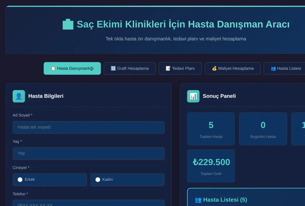 Saç Ekimi Klinikleri İçin Hasta Danışman Aracı ekran görüntüsü