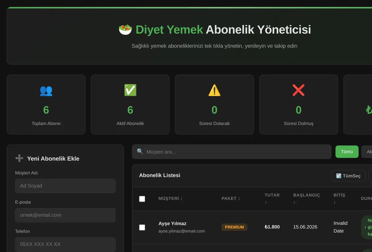 Diyet Yemek Abonelik Yöneticisi ekran görüntüsü