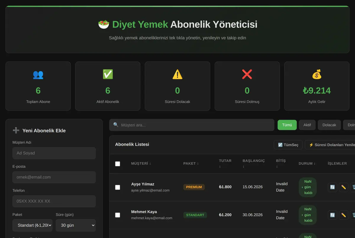 Diyet Yemek Abonelik Yöneticisi ekran görüntüsü 2