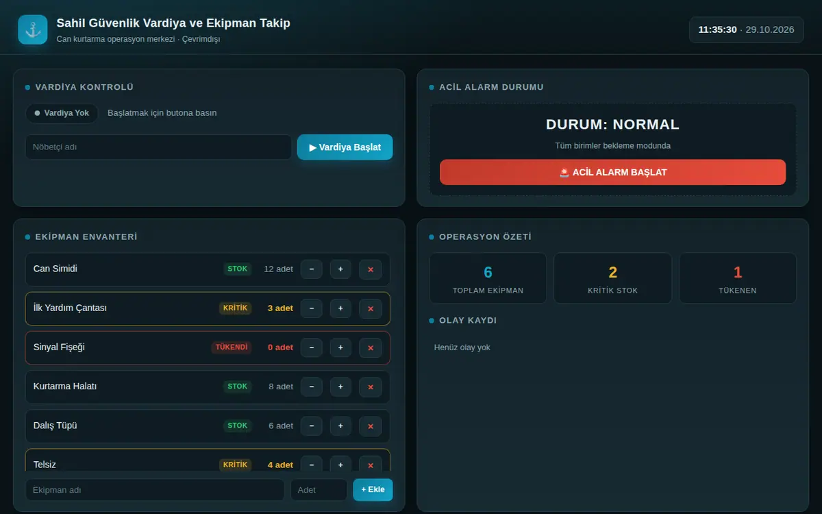 Sahil Güvenlik Vardiya ve Ekipman Takip Program ekran görüntüsü