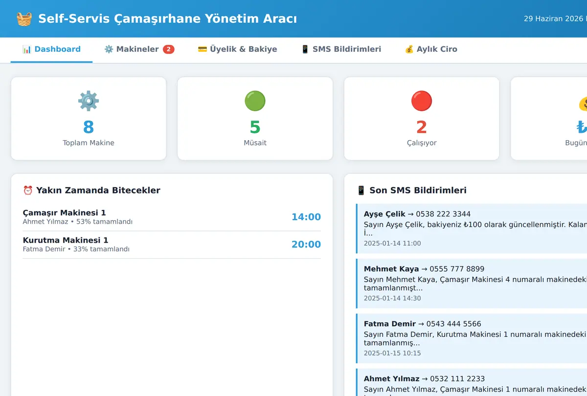 Self-Servis Çamaşırhane Yönetim Aracı ekran görüntüsü