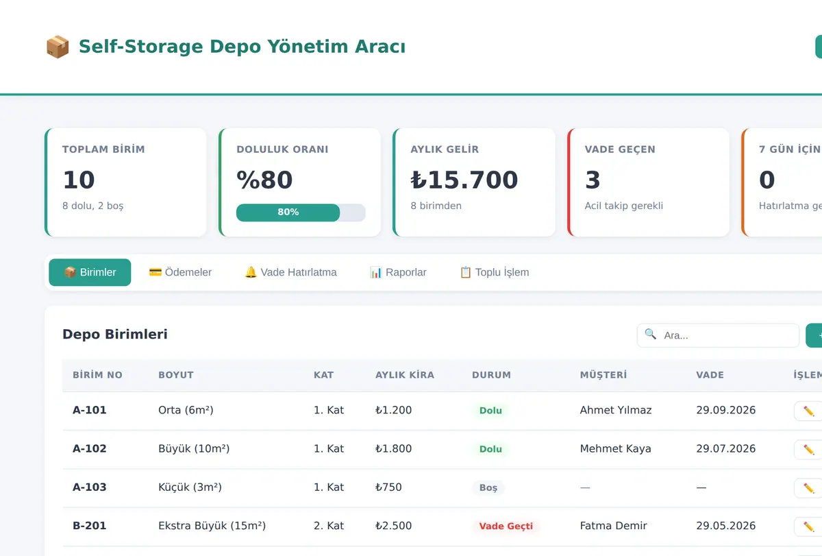 Self-Storage Depo Yönetim Aracı ekran görüntüsü
