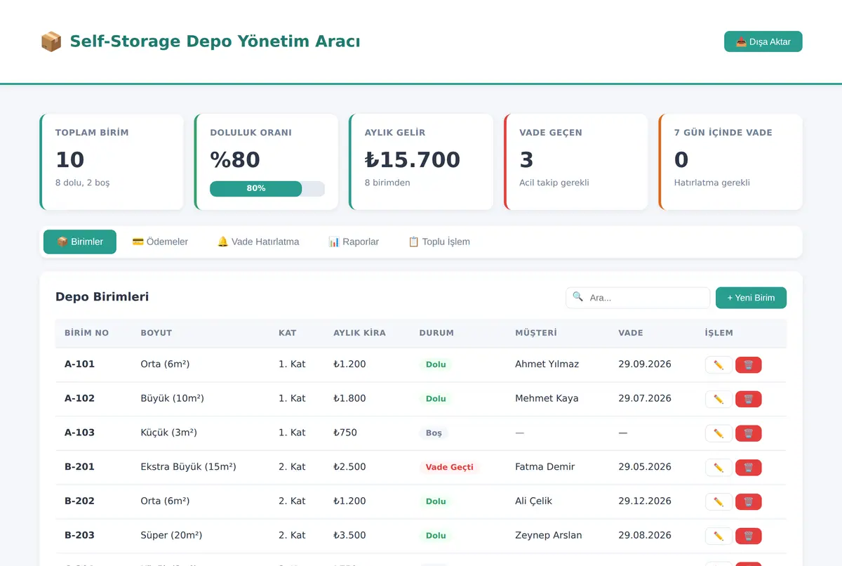 Self-Storage Depo Yönetim Aracı ekran görüntüsü 2