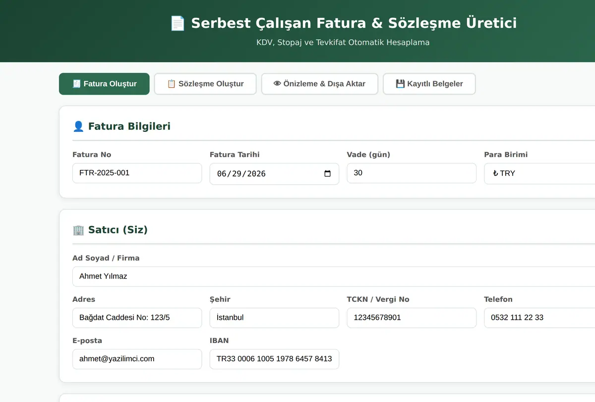Serbest Çalışan Fatura & Sözleşme Üretici ekran görüntüsü