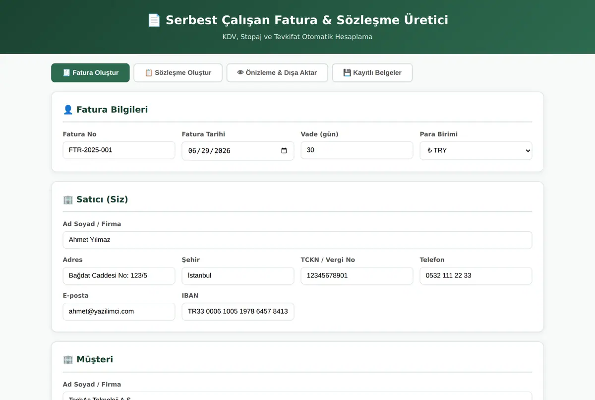 Serbest Çalışan Fatura & Sözleşme Üretici ekran görüntüsü 2