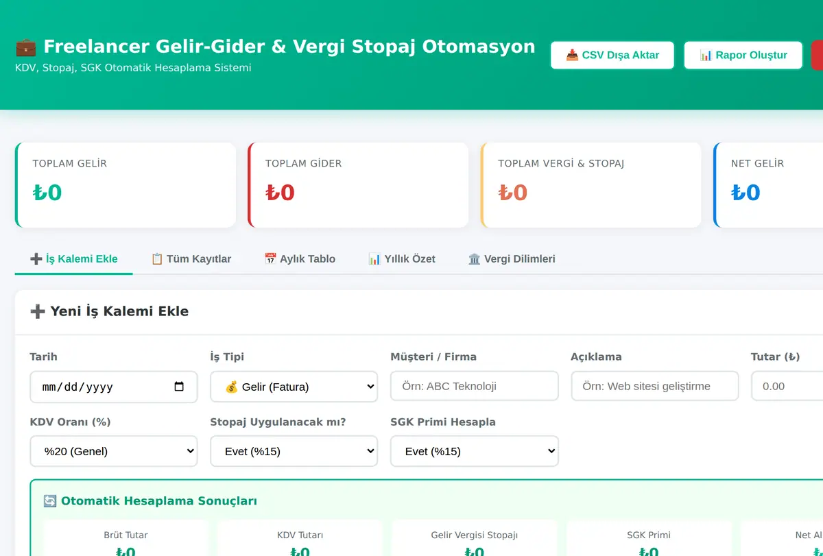 Freelancer Gelir-Gider & Vergi Stopaj Otomasyon ekran görüntüsü