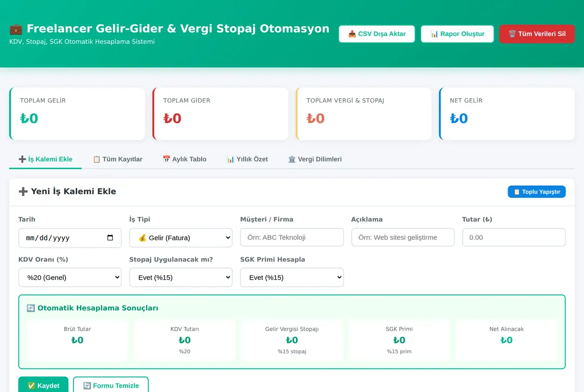 Freelancer Gelir-Gider & Vergi Stopaj Otomasyon ekran görüntüsü 2