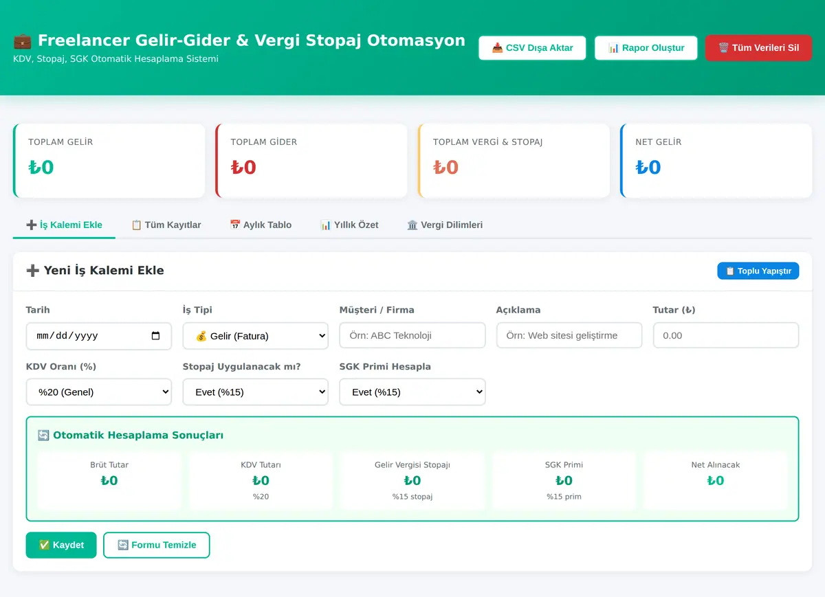 Freelancer Gelir-Gider & Vergi Stopaj Otomasyon ekran görüntüsü 3