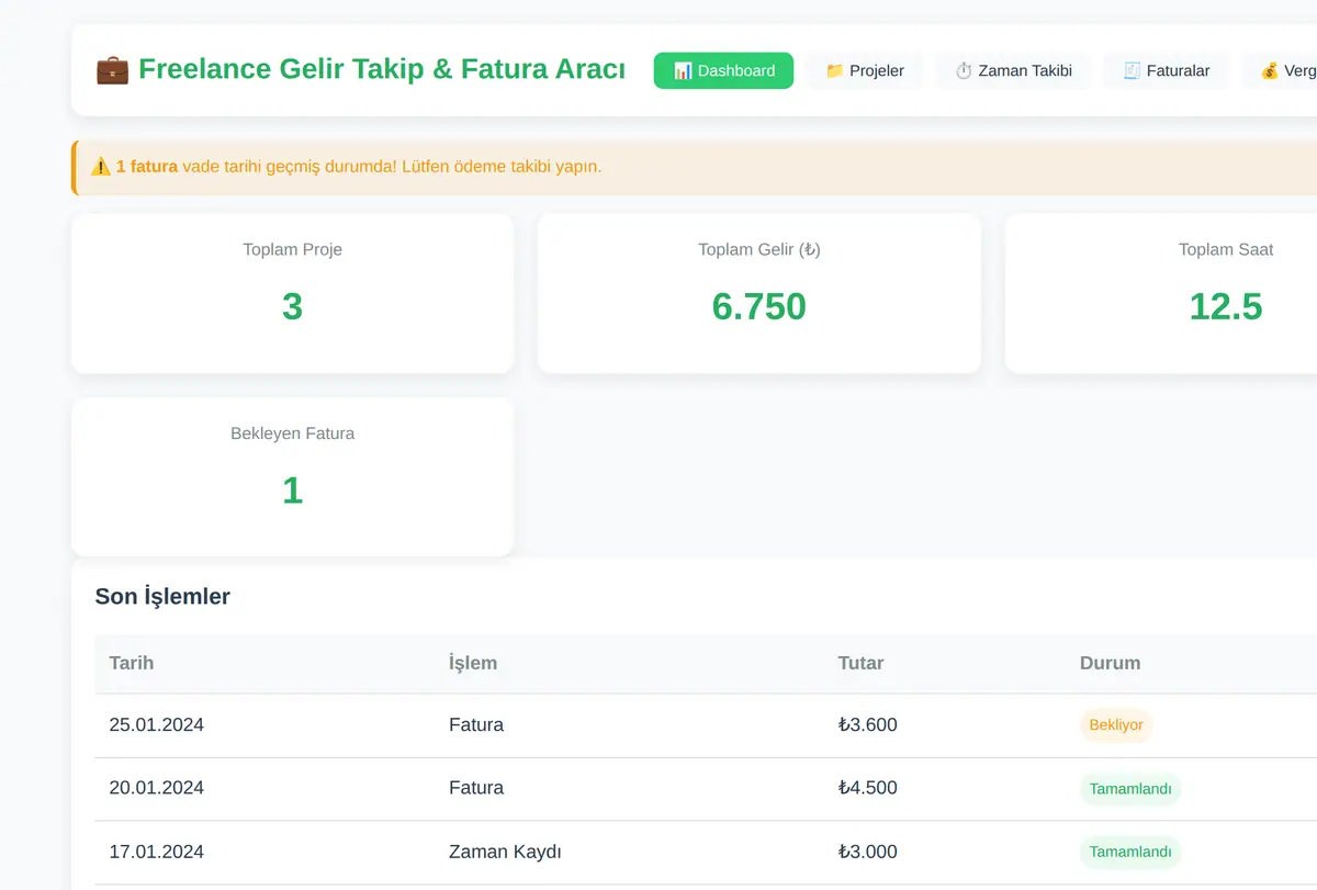 Freelance Gelir Takip & Fatura Aracı ekran görüntüsü