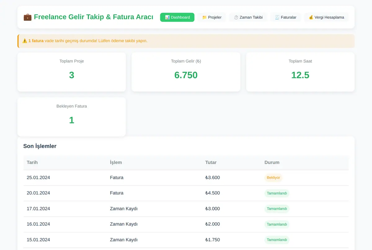 Freelance Gelir Takip & Fatura Aracı ekran görüntüsü 2