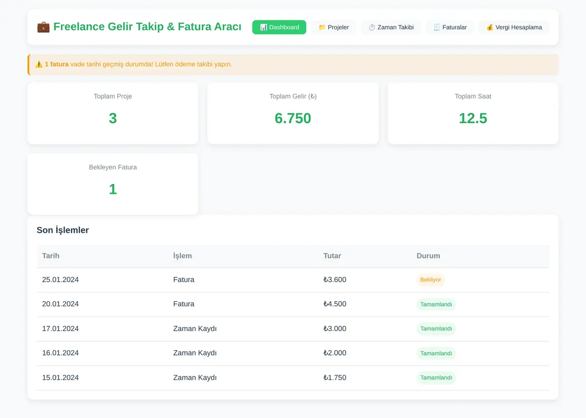 Freelance Gelir Takip & Fatura Aracı ekran görüntüsü 3