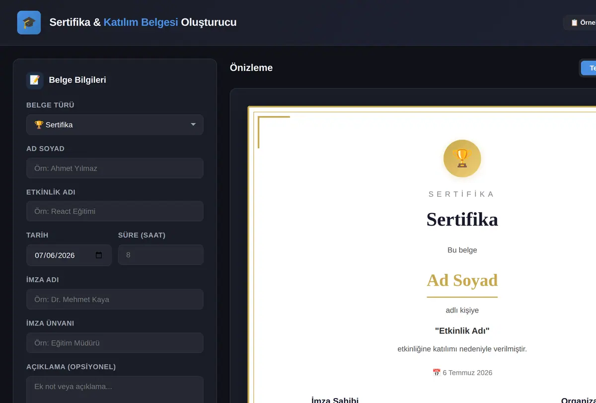 Sertifika & Katılım Belgesi Oluşturucu ekran görüntüsü