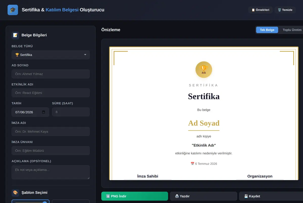Sertifika & Katılım Belgesi Oluşturucu ekran görüntüsü 2