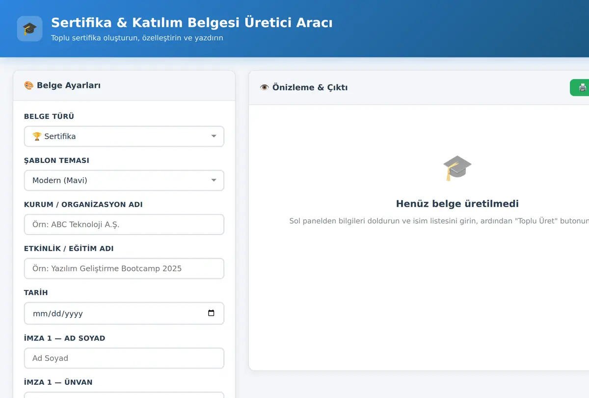 Sertifika & Katılım Belgesi Üretici Aracı ekran görüntüsü
