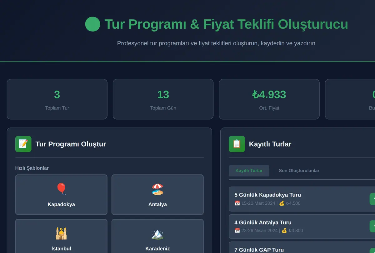 Seyahat Acentaları İçin Tur Programı ve Fiyat Teklifi ekran görüntüsü