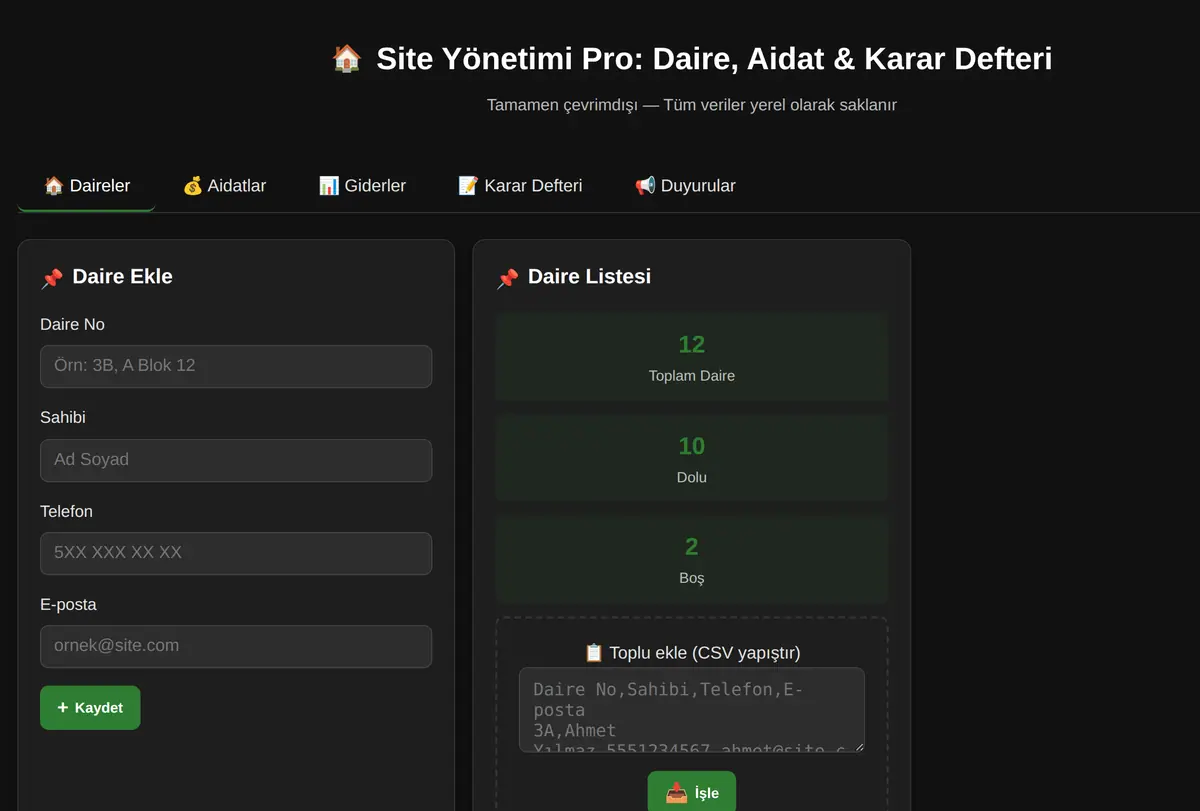 Site Yönetimi Pro: Daire, Aidat & Karar Defteri ekran görüntüsü