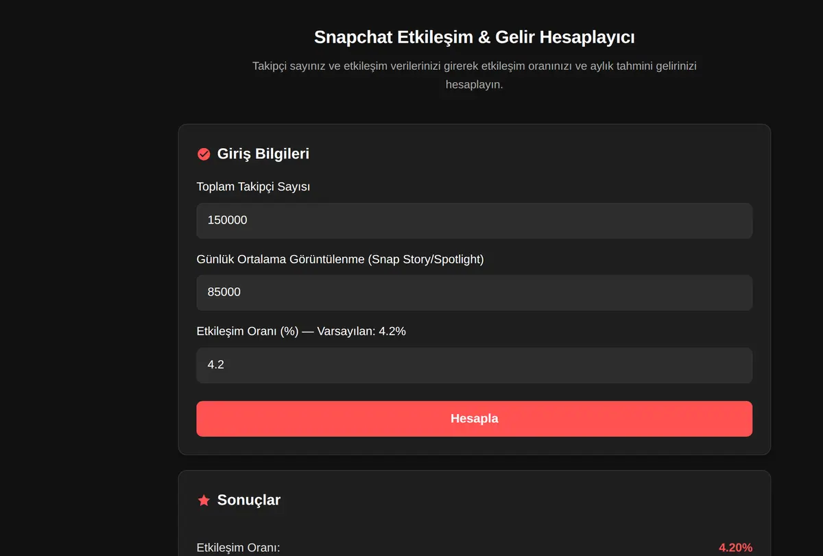 Snapchat Etkileşim & Gelir Hesaplayıcı ekran görüntüsü