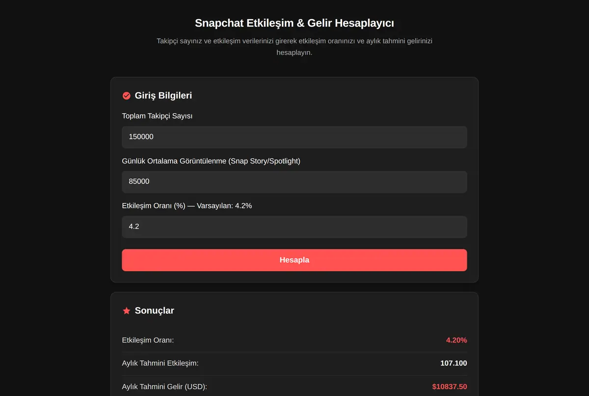 Snapchat Etkileşim & Gelir Hesaplayıcı ekran görüntüsü 2
