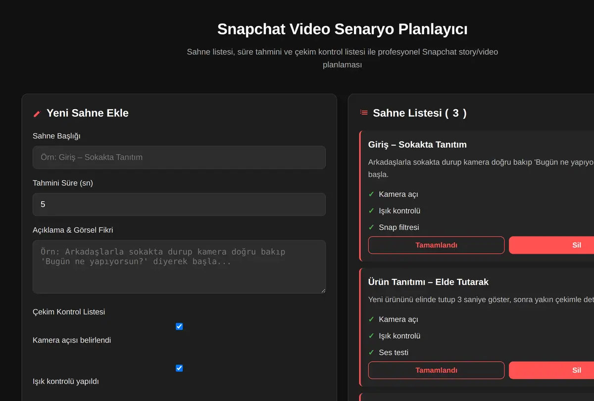 Snapchat Video Senaryo Planlayıcı ekran görüntüsü