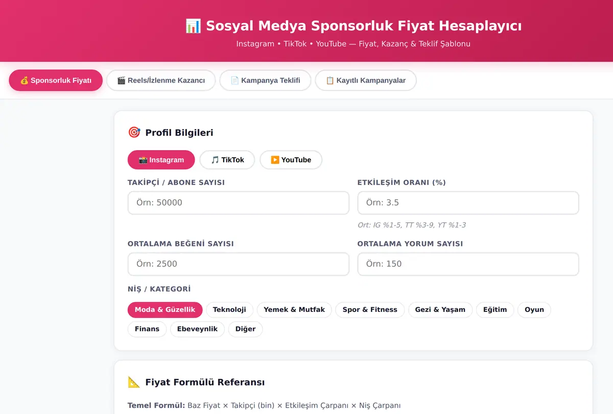 Sosyal Medya Sponsorluk Fiyat Hesaplayıcı ekran görüntüsü
