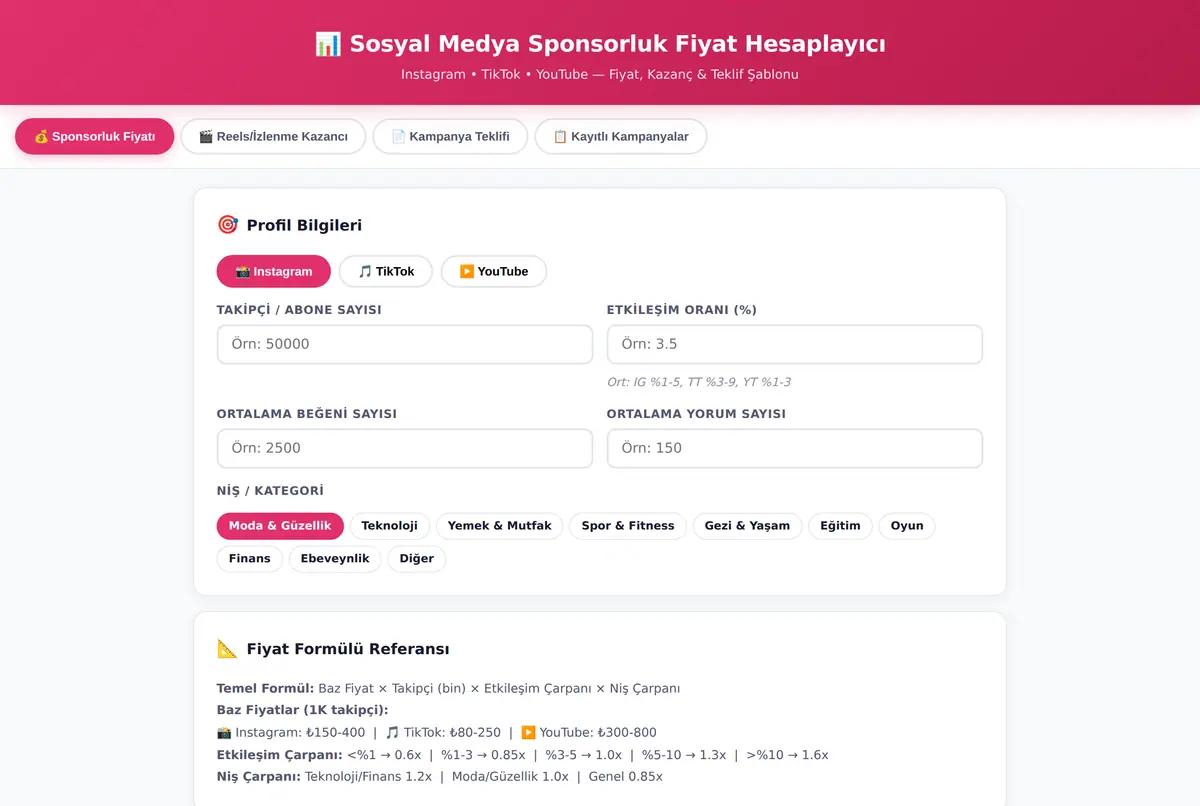 Sosyal Medya Sponsorluk Fiyat Hesaplayıcı ekran görüntüsü 2