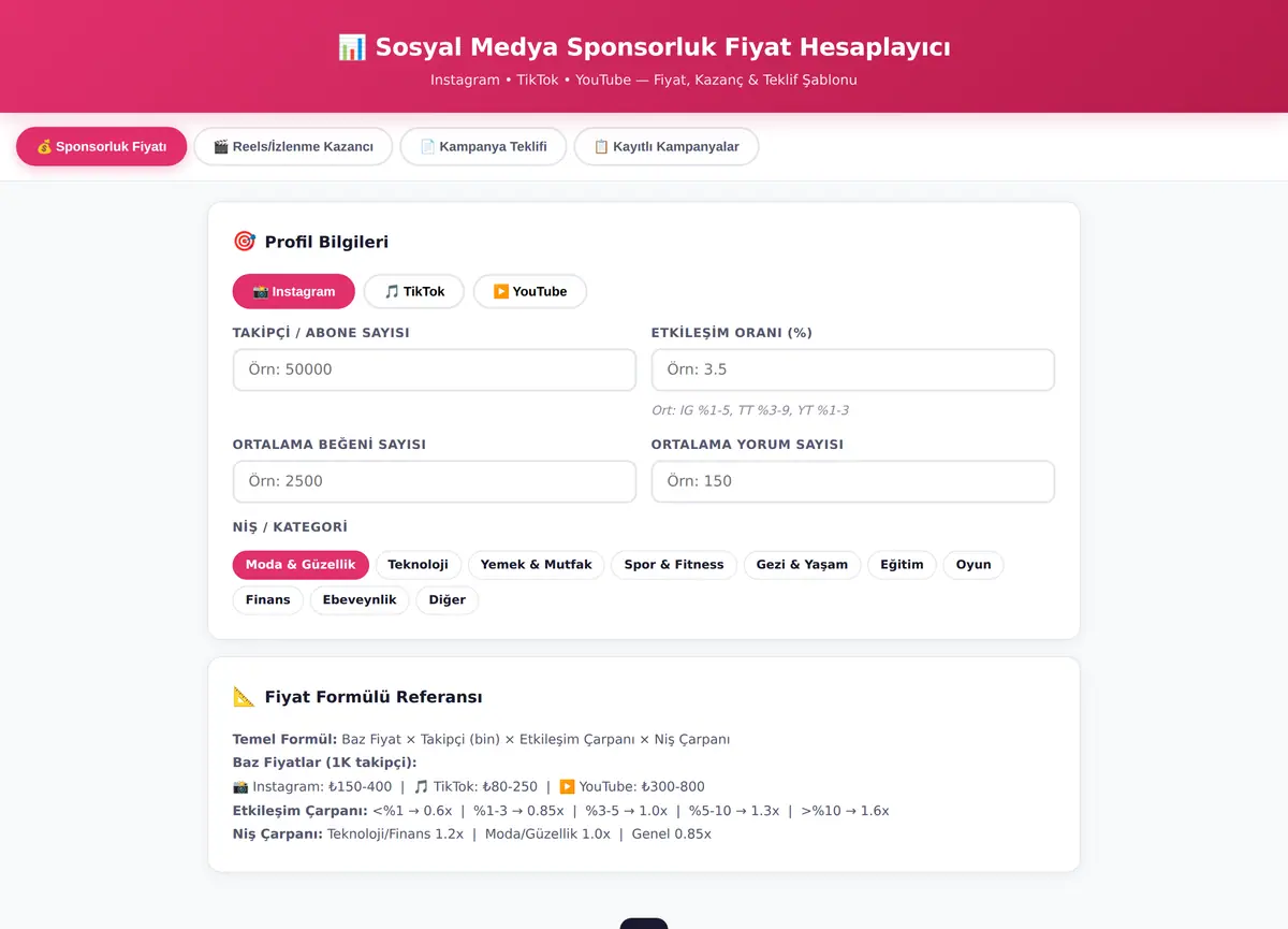 Sosyal Medya Sponsorluk Fiyat Hesaplayıcı ekran görüntüsü 3