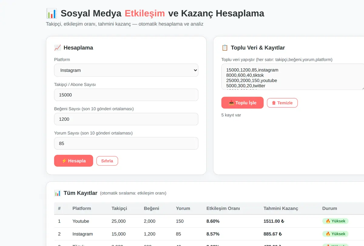 Sosyal Medya Etkileşim ve Kazanç Hesaplama Arac ekran görüntüsü