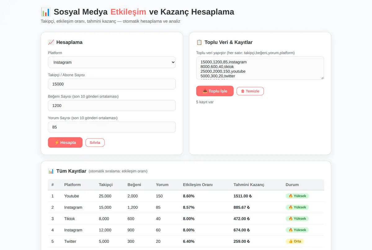 Sosyal Medya Etkileşim ve Kazanç Hesaplama Arac ekran görüntüsü 2