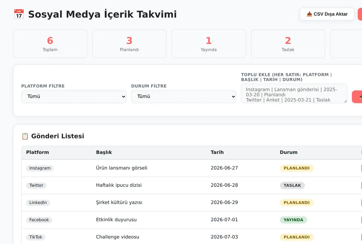 Sosyal Medya İçerik Takvimi Aracı ekran görüntüsü