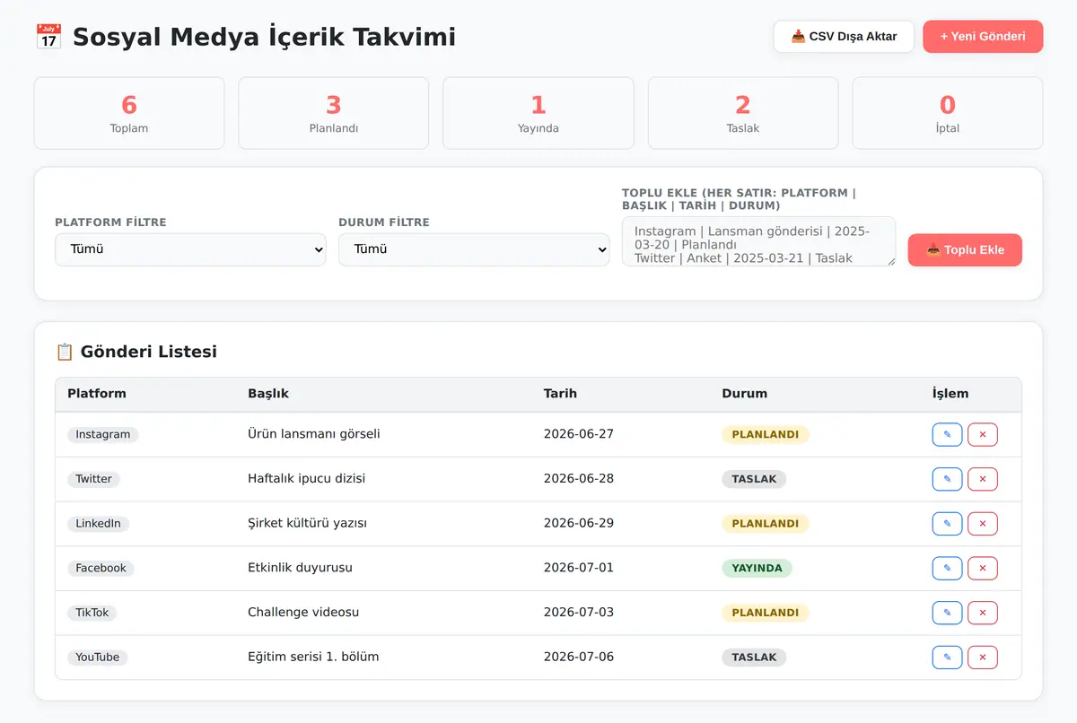 Sosyal Medya İçerik Takvimi Aracı ekran görüntüsü 2