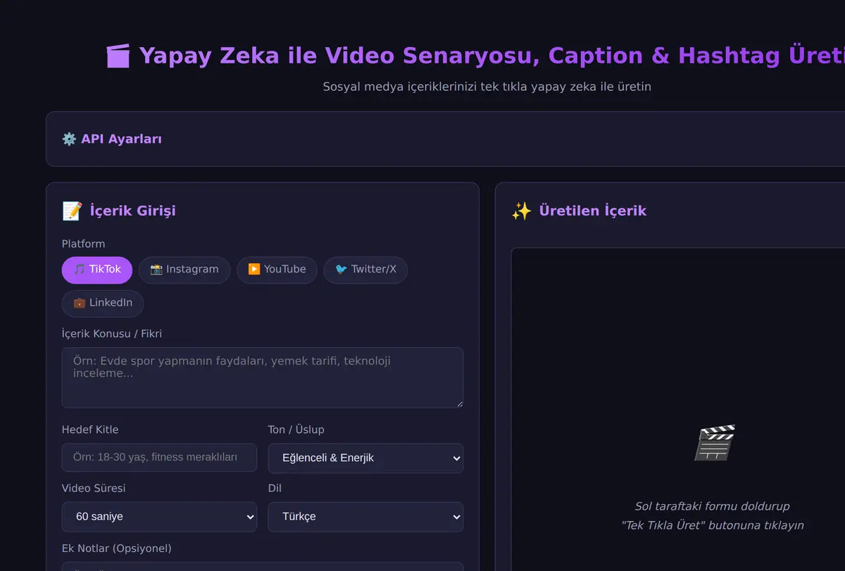 Yapay Zeka ile Video Senaryosu, Caption & Hashtag Üretici ekran görüntüsü