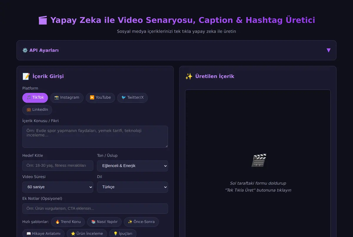 Yapay Zeka ile Video Senaryosu, Caption & Hashtag Üretici ekran görüntüsü 2