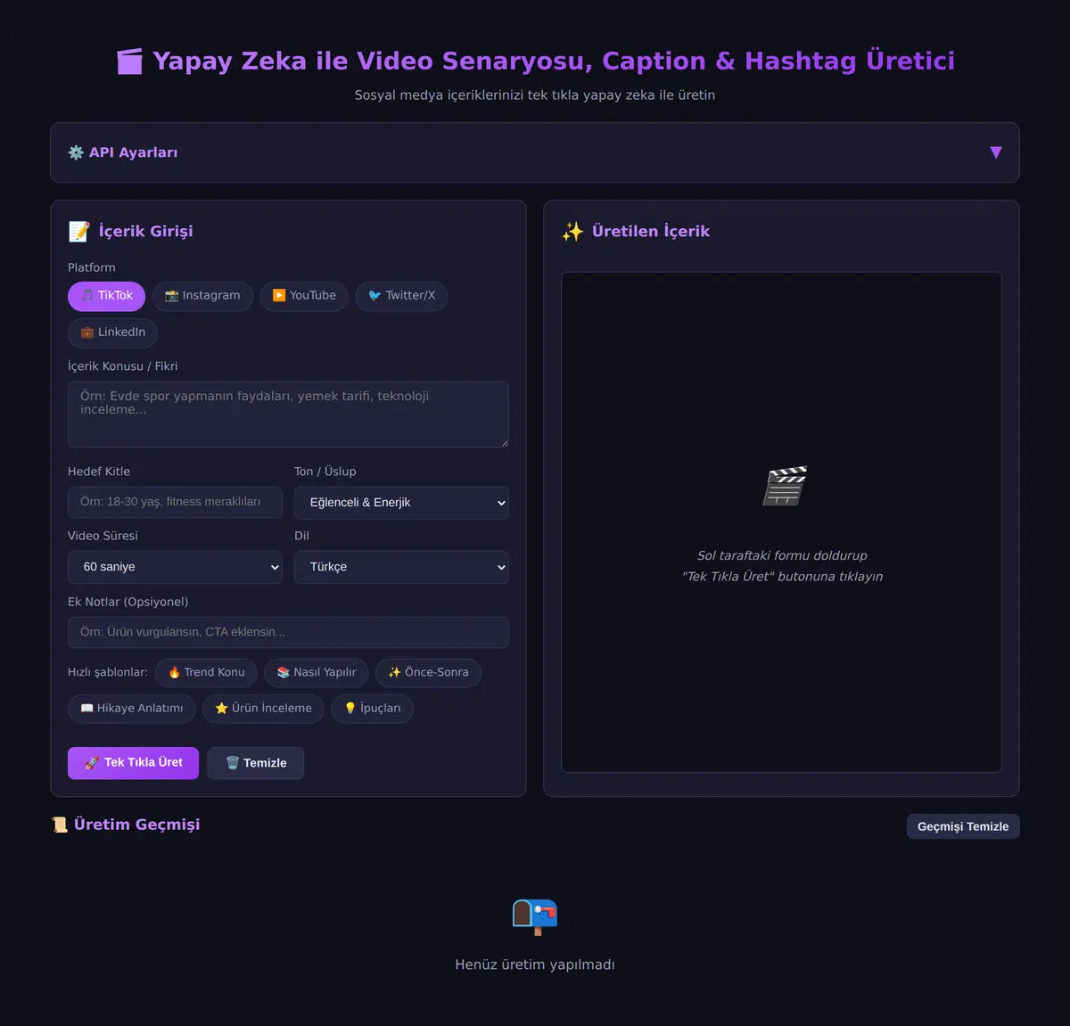 Yapay Zeka ile Video Senaryosu, Caption & Hashtag Üretici ekran görüntüsü 3