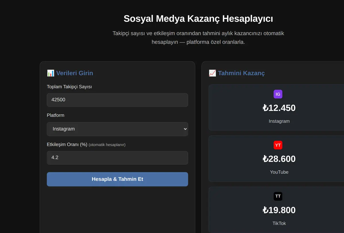 Sosyal Medya Kazanç Hesaplayıcı ekran görüntüsü