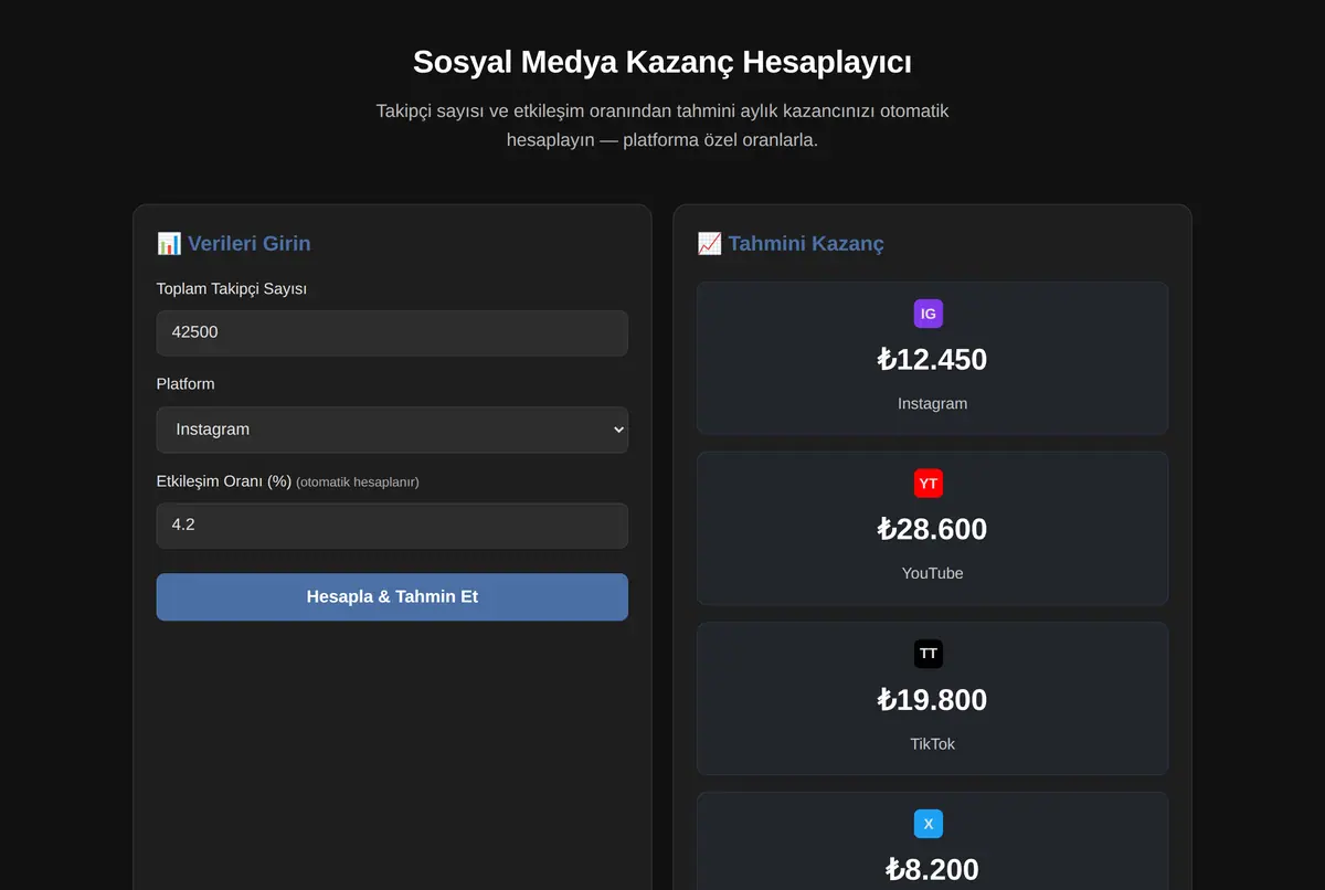 Sosyal Medya Kazanç Hesaplayıcı ekran görüntüsü 2
