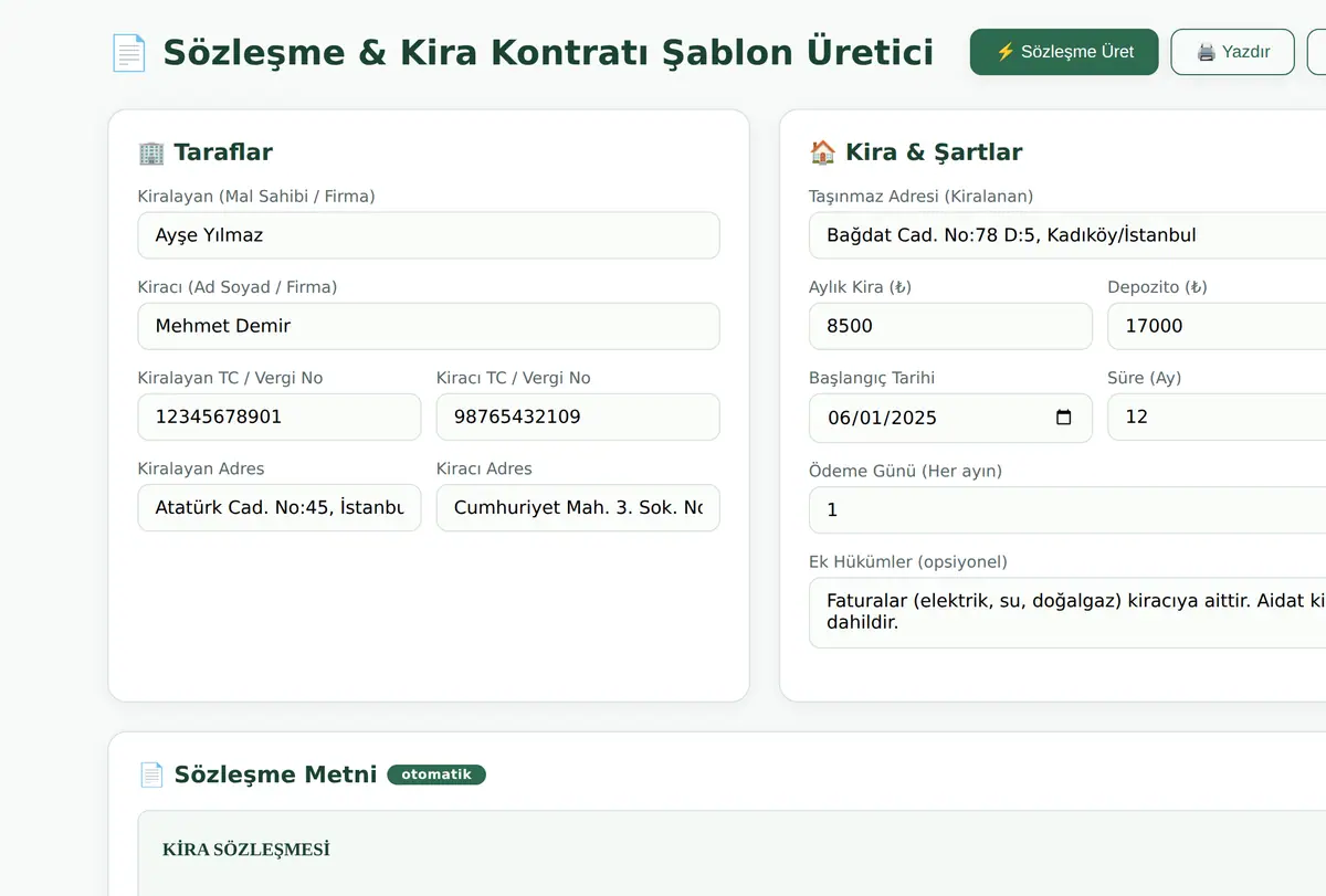 Sözleşme & Kira Kontratı Şablon Üretici ekran görüntüsü
