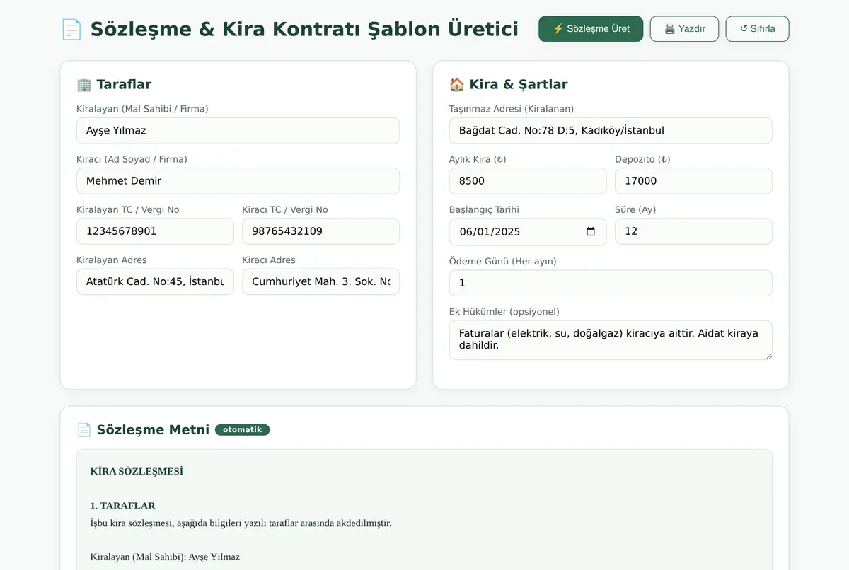 Sözleşme & Kira Kontratı Şablon Üretici ekran görüntüsü 2