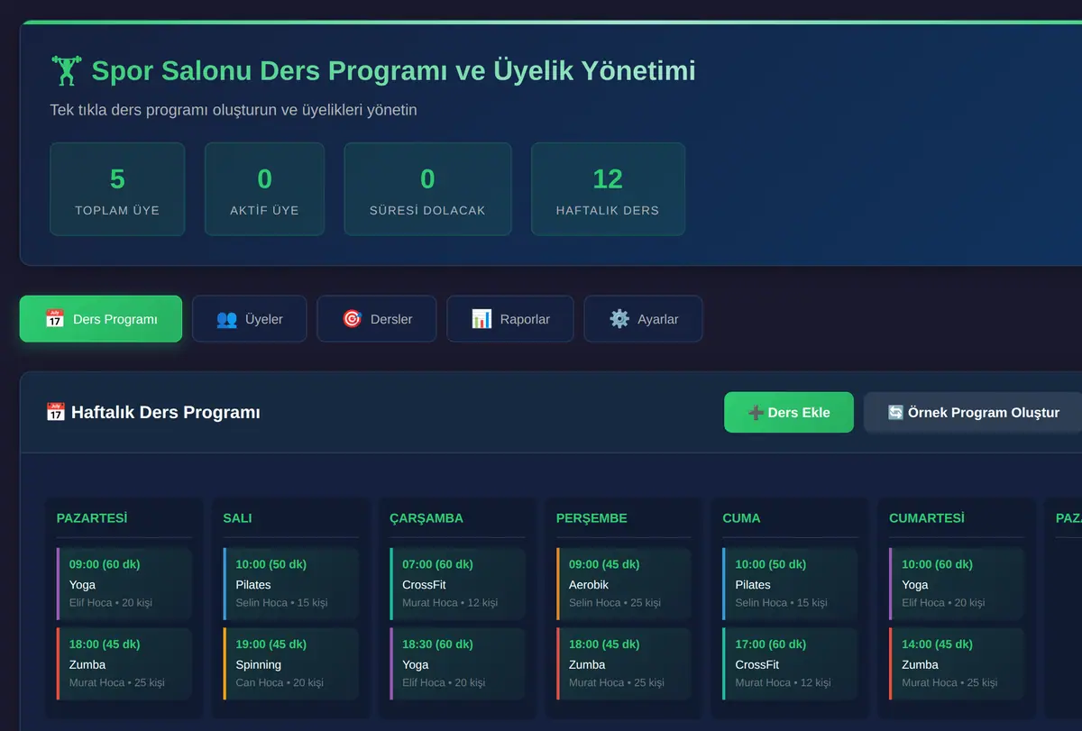 Spor Salonu Ders Programı ve Üyelik Yönetimi ekran görüntüsü